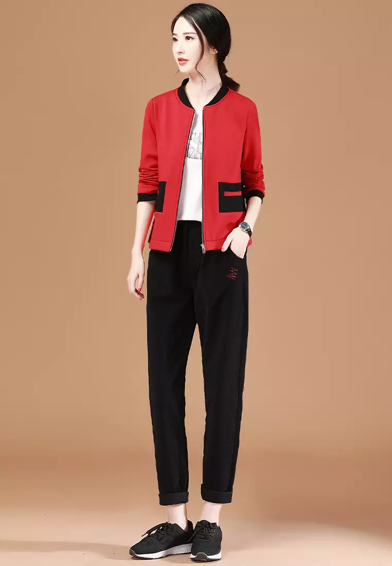 girl red sweater black pants