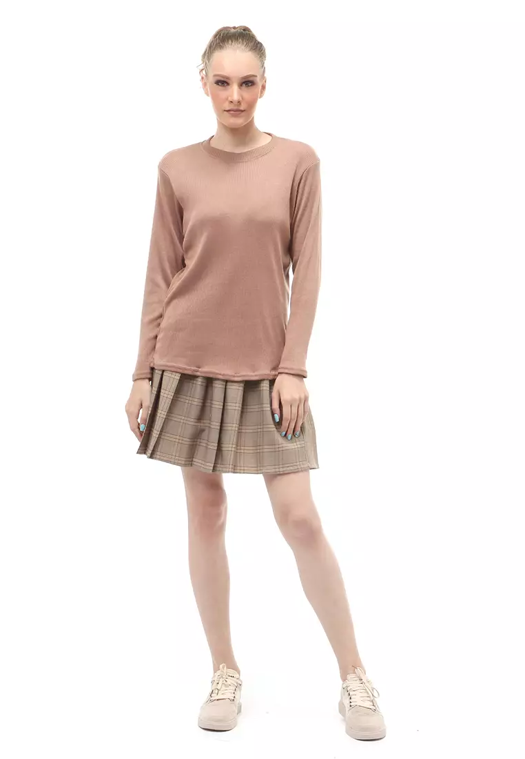 Briley Kaos Atasan Wanita Long Sleeves Motif Salur Relaxed Fit - Mocca Tua