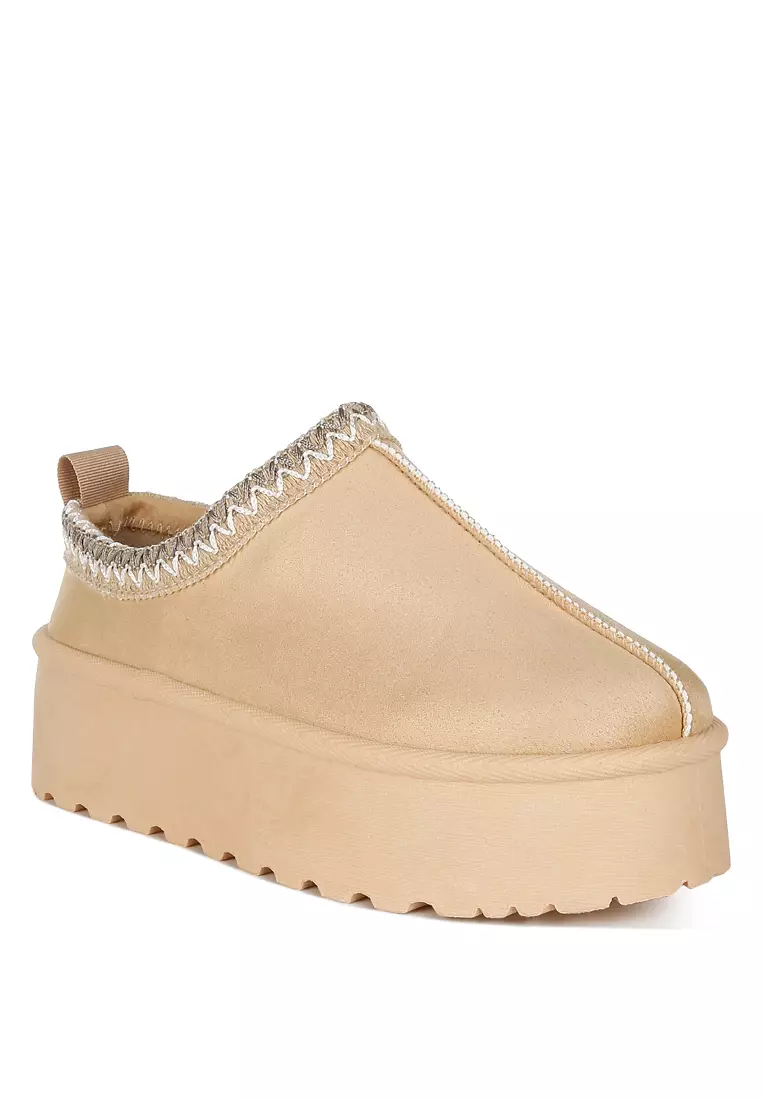 Beige Embroidered Platform Fur Classic Slip-On
