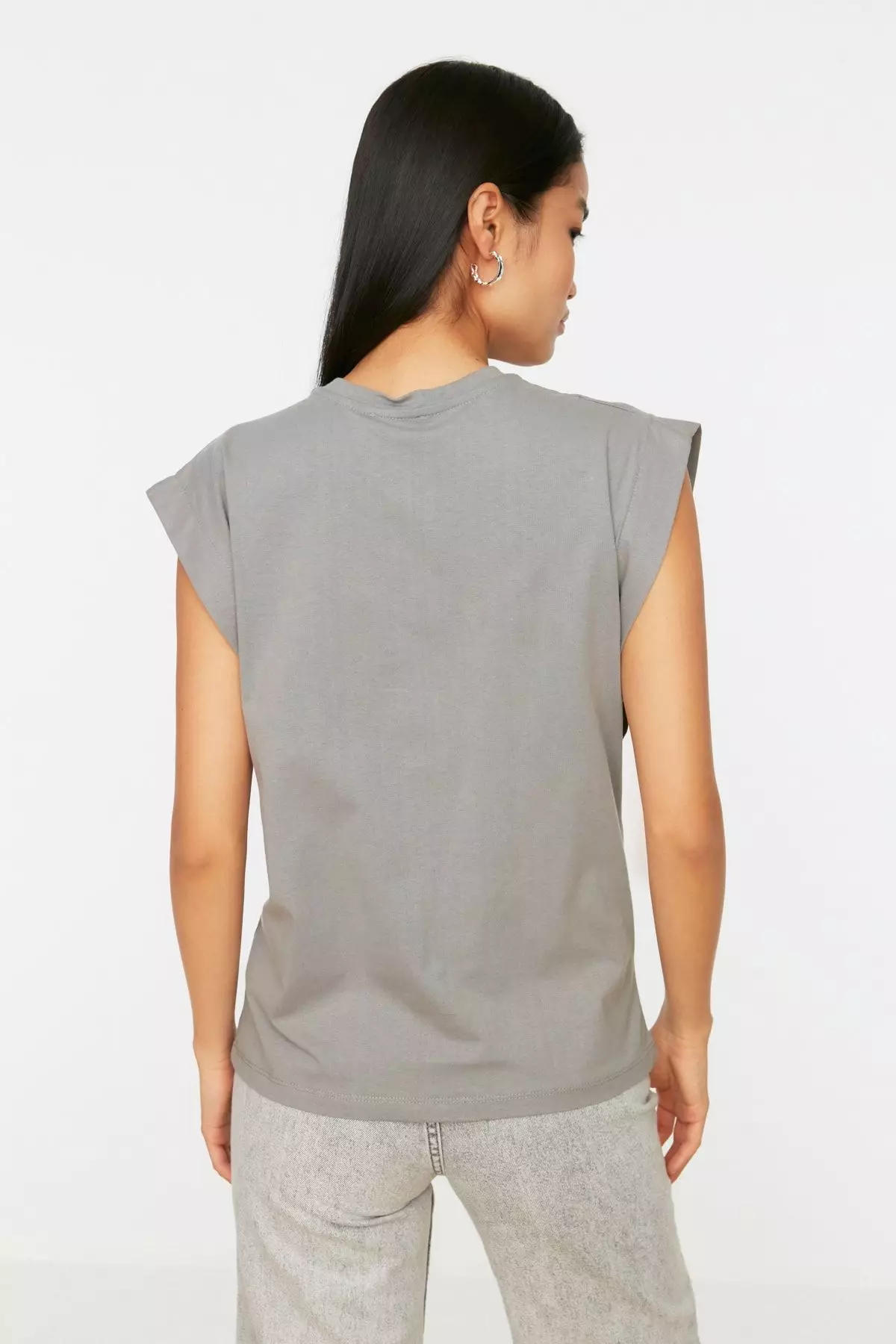 Gray 100% Cotton Wadding Look Basic Crew Neck Knitted T-Shirt TWOSS20TS0021