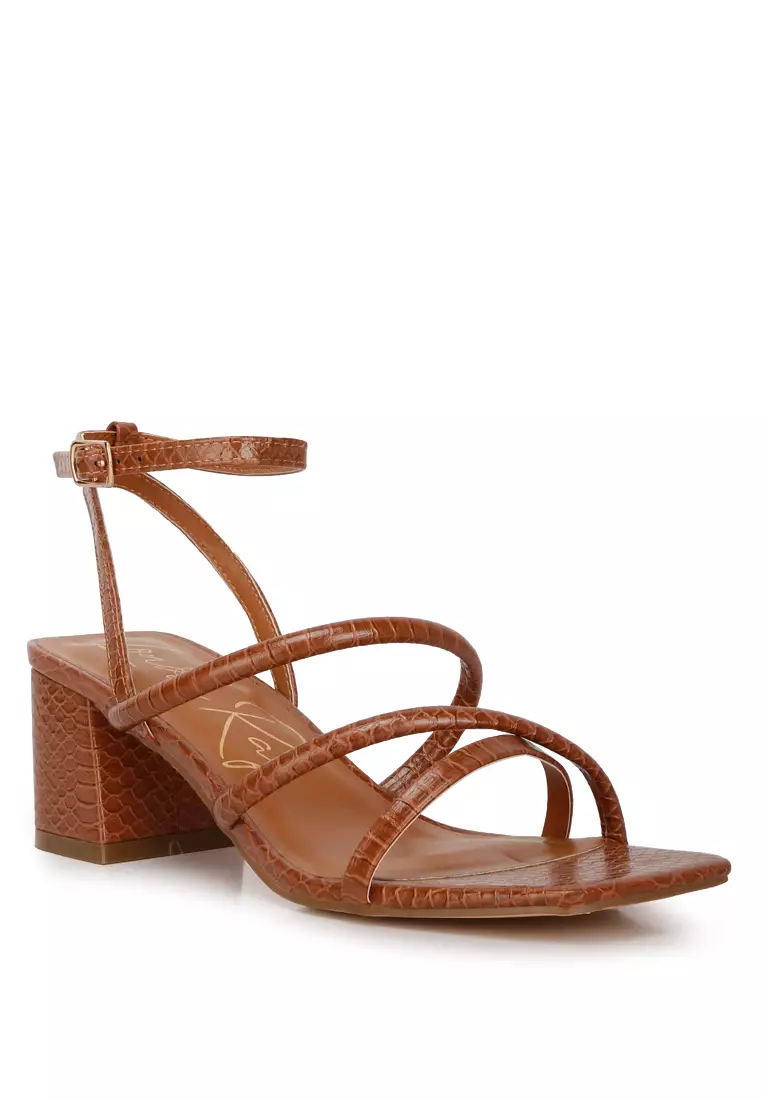 Tan Croc Mid Block Heel Casual Sandals