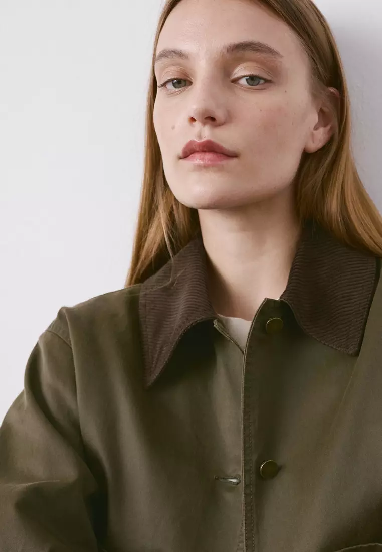 牛仔布連帽外套 拼撞色領