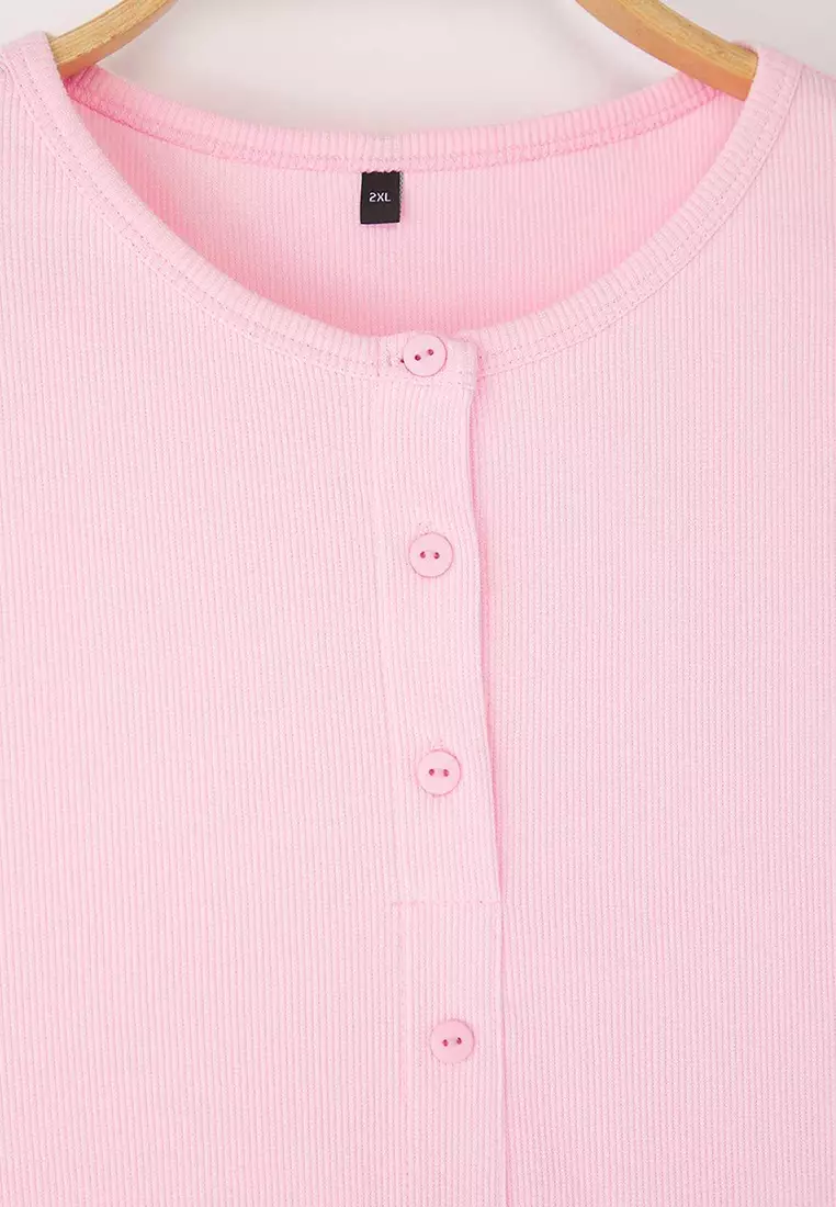 Pink Button Detailed Fitted Cord Knitted Large Size Blouse Tbbss25Af00060