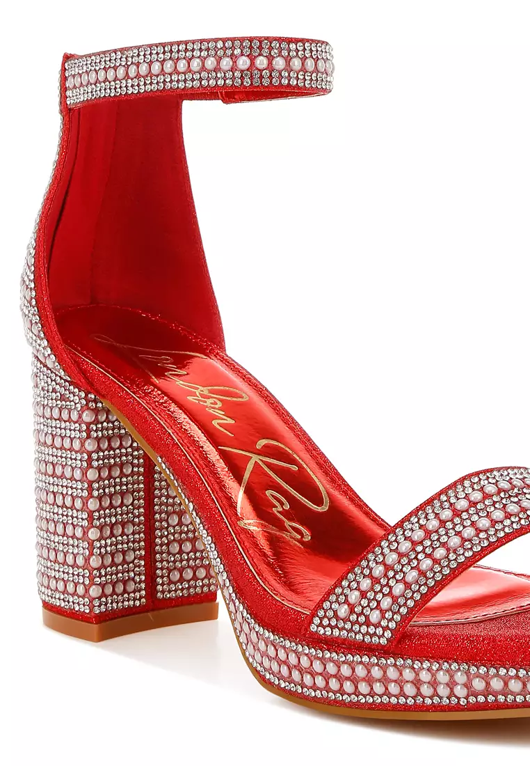 Sandal Berlian Imitasi Dan Hiasan Mutiara Warna Merah