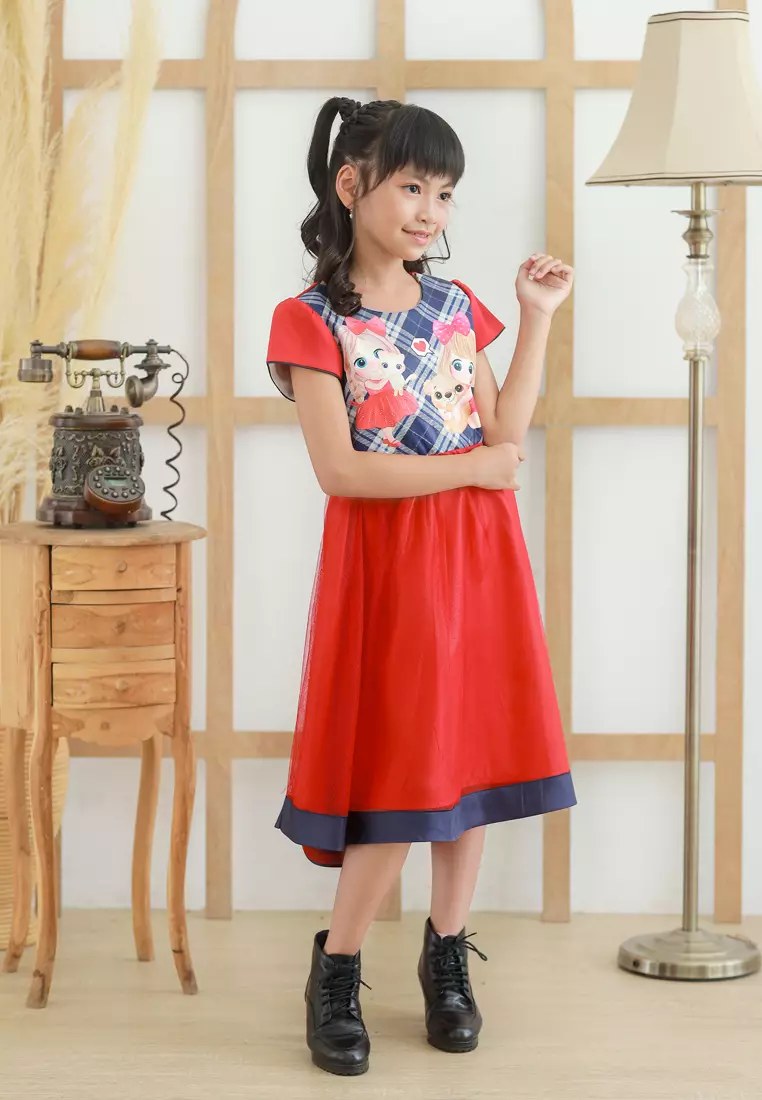 Two Mix Dress Anak Perempuan Fashion Nonik Cantik Usia 1-12 Tahun 4229 Merah