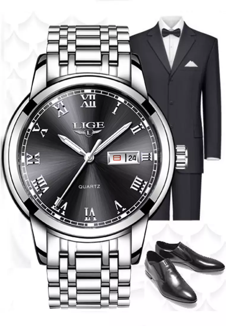 Unisex Day/Date Stainless Steel Quartz Watch on Steel Bracelet