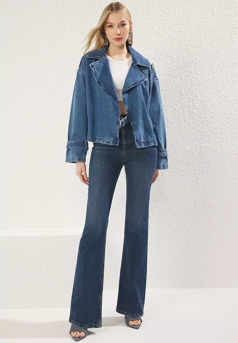 Blue Double Breasted Belt Buckle Oversize Denim Blazer Jacket