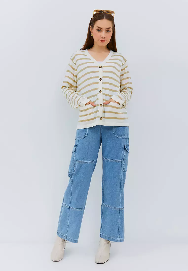 [NEW] Osella Stripe Knit Cardigan In Beige And White 2161400191 | Kardigan Wanita Lengan Panjang