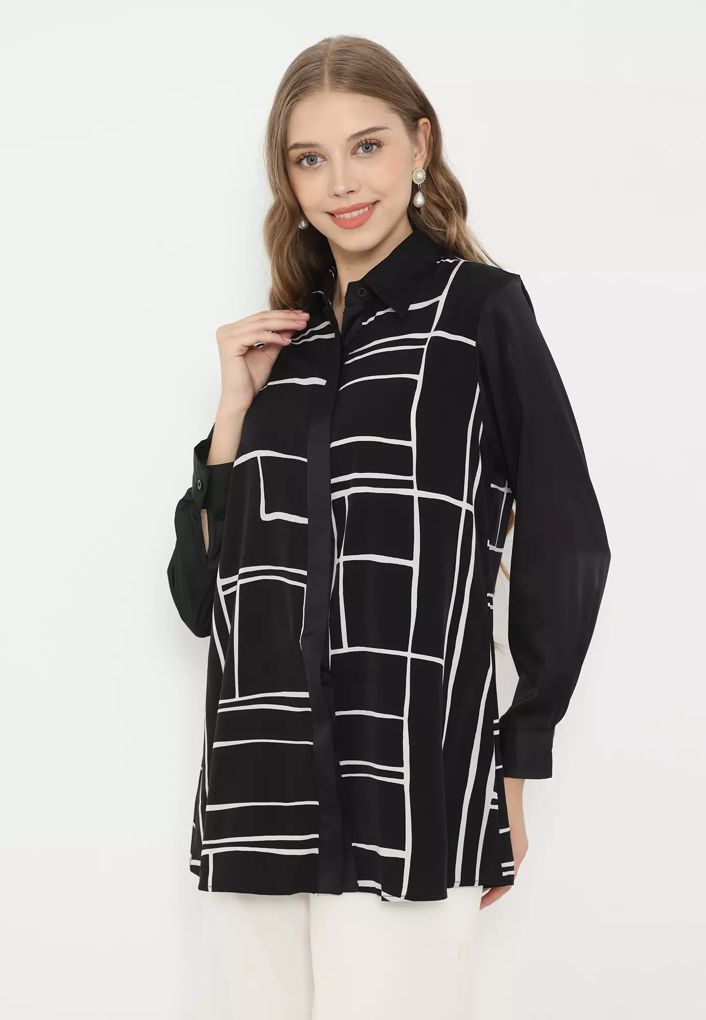 Shirt Black Cotton Geometric Catton - Casual Elegan Long Sleeve Arlette By Brilliant Girl Warna Hitam