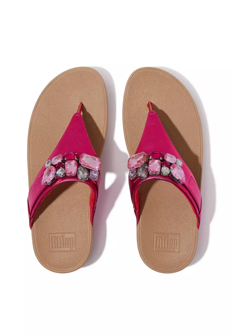 LULU Women's Jewel-Deluxe Metallic-Leather Toe-Post Sandals - Metallic Wild Raspberry (HT8-B59)