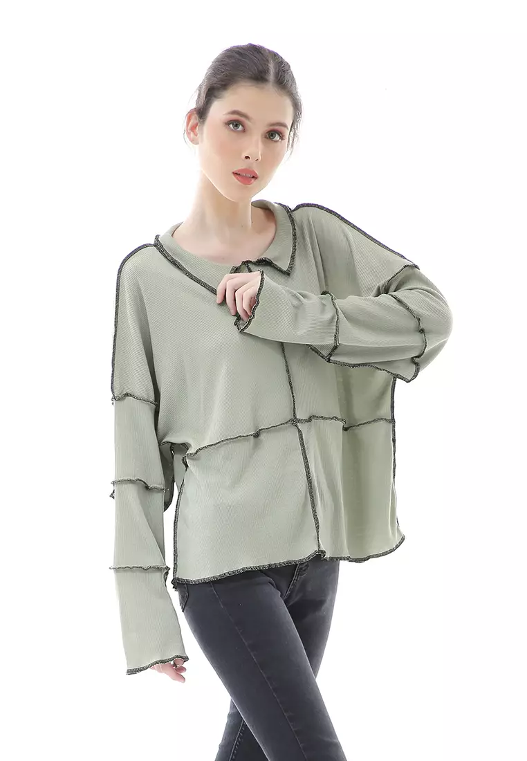 Veronica Blouse Terbalik Relaxed Motif Polos Long Sleeve Premium Quality - Mint