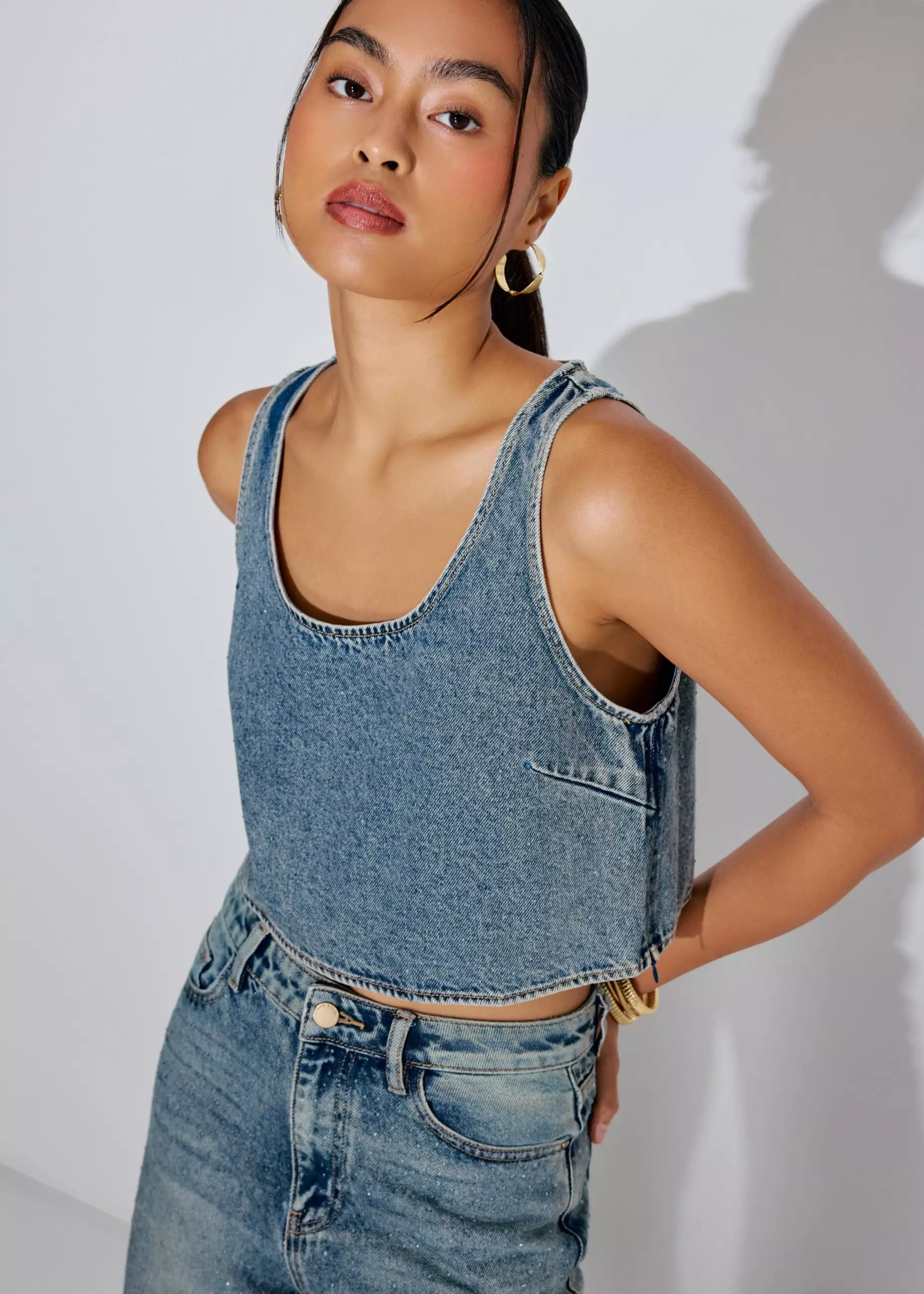 Atasan Wanita - Diamante Denim Scoop Neck Boxy Crop Top