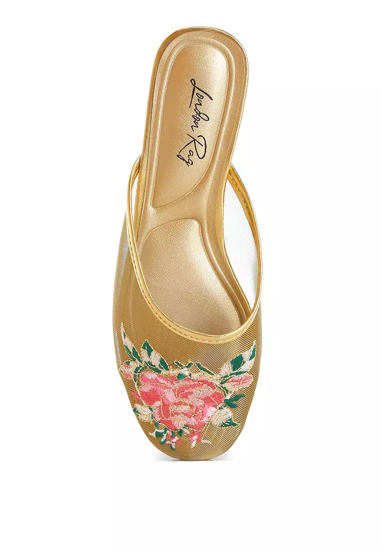 Floral Embroidered Mesh Mules in Gold