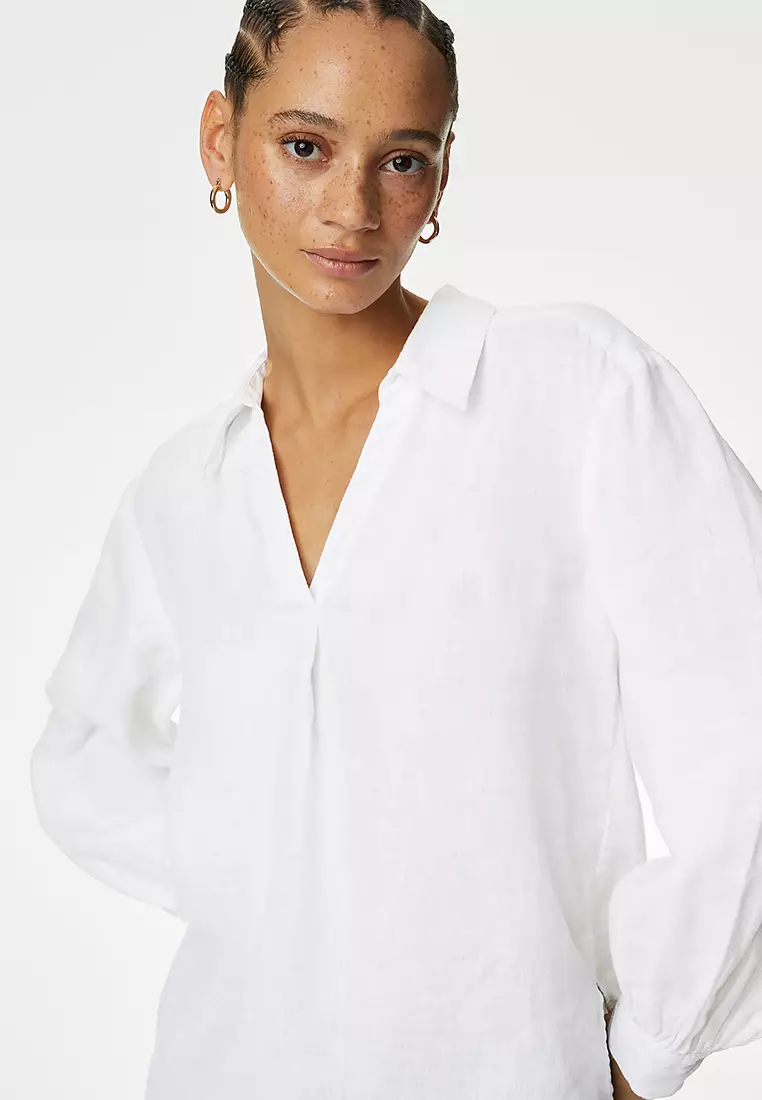 Pure Linen Collared Popover Blouse