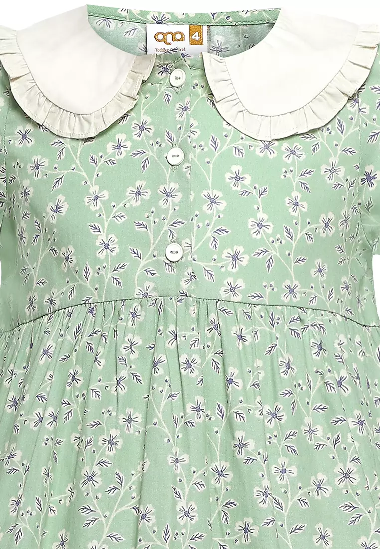 Qna Girl Qafiya Dress Midi Anak Hijau Motif Bunga