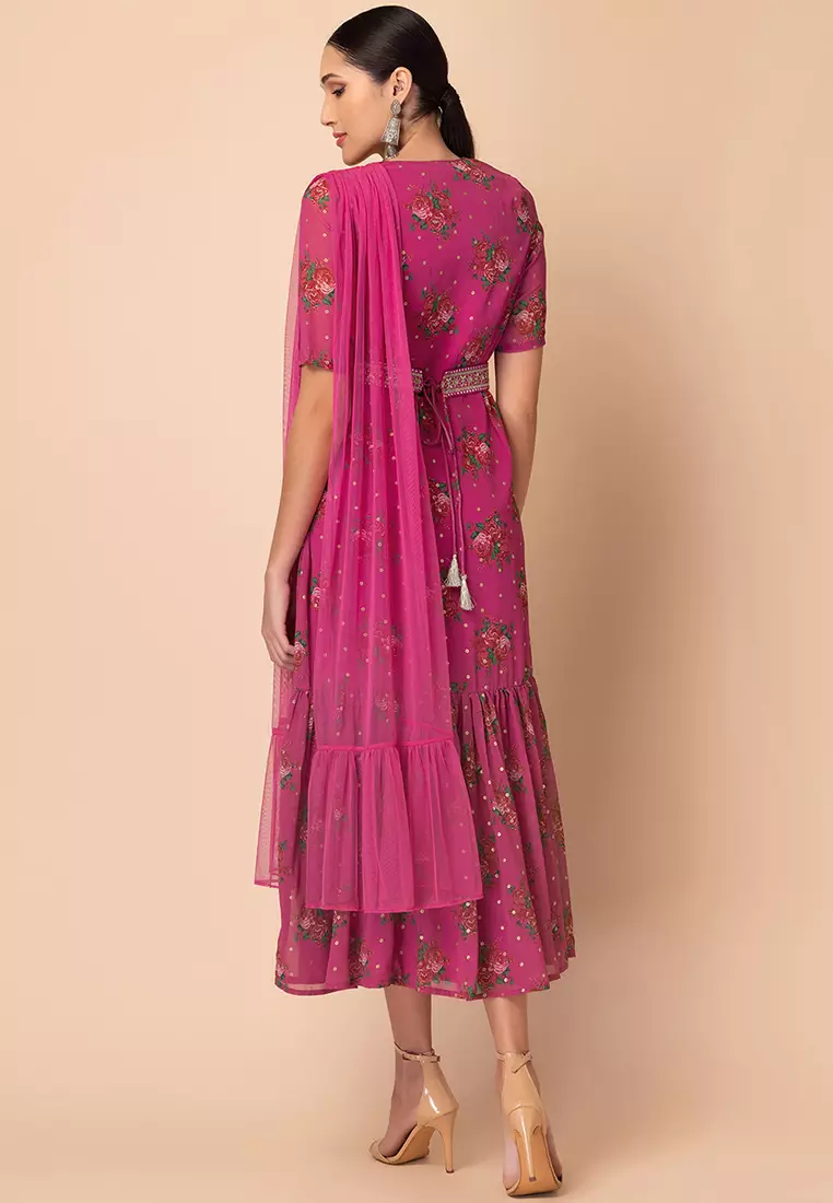 Hot Pink Foil Print Kurta With Attached Dupatta And Embroidered Belt
