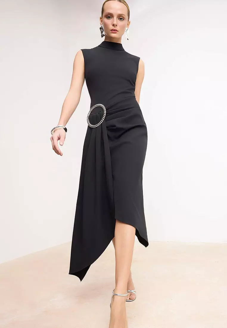 Black Accessory Detailed Woven Midi Dress Tprss26El66