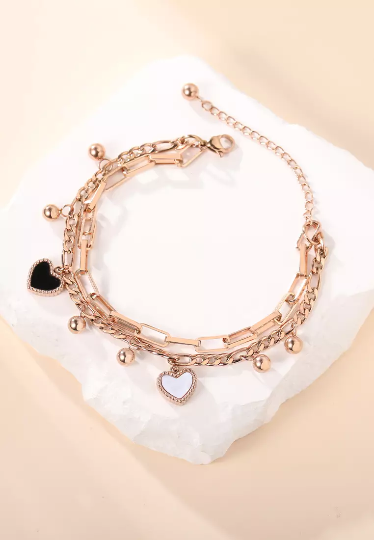 Gelang Wanita Korea Elegan Titanium Anti Pudar Berbentuk Hati Rantai Ganda Cewek Bracelets