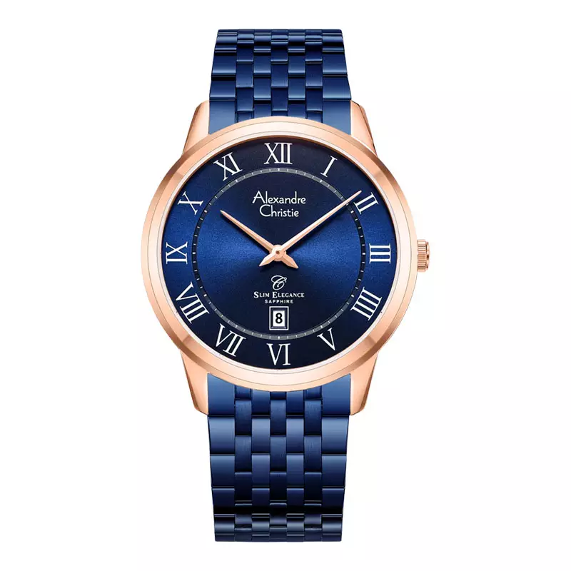 Jam Tangan Pria Alexandre Christie Slim Elegance AC 8709 MD BURBURM Men Blue Dial Blue St Steel Strap