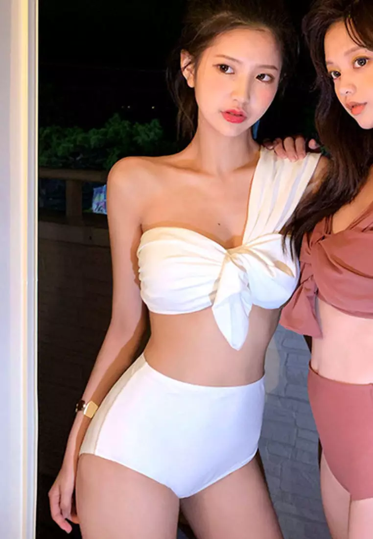 Slant Shoulder Split High Waist Two Piece Swimsuit CA071701RD