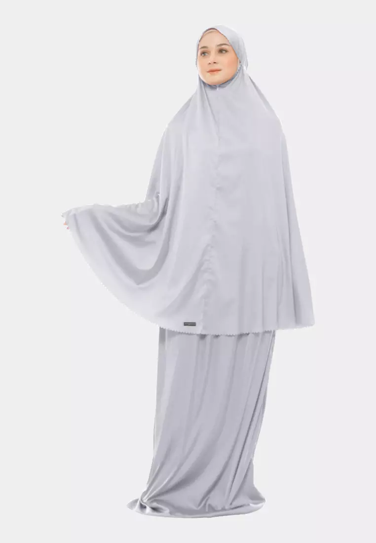 Ayesha Mukena 2in1 Prayer Set Polos Lasercuting Armani Silk Premium By Cotton Bee - Grey Beautiful