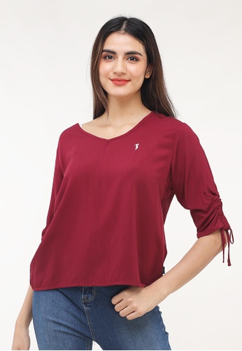 Bossini Ladies red Woven Plain Rayon 3/4"blouse C4B78AAB153110GS_1