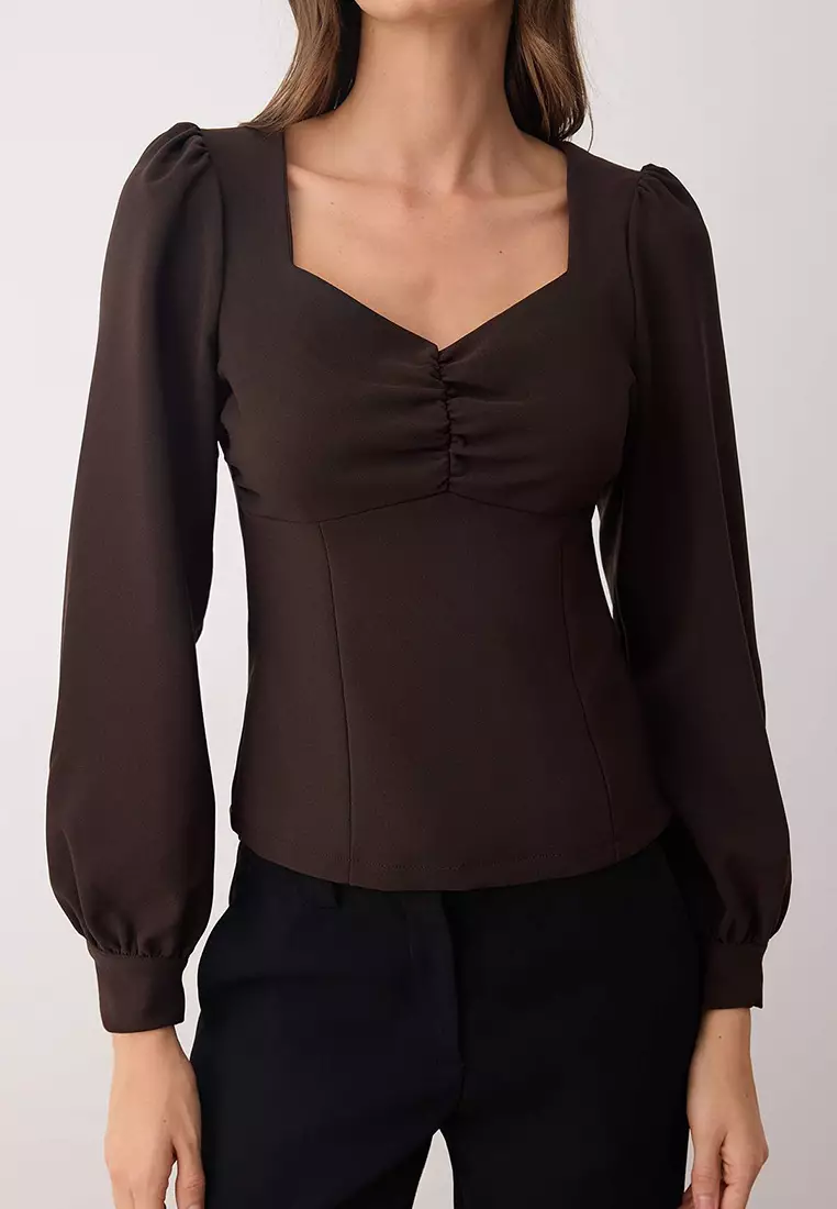 Brown Gathered Detailed Woven Blouse Twoaw23Bz00633