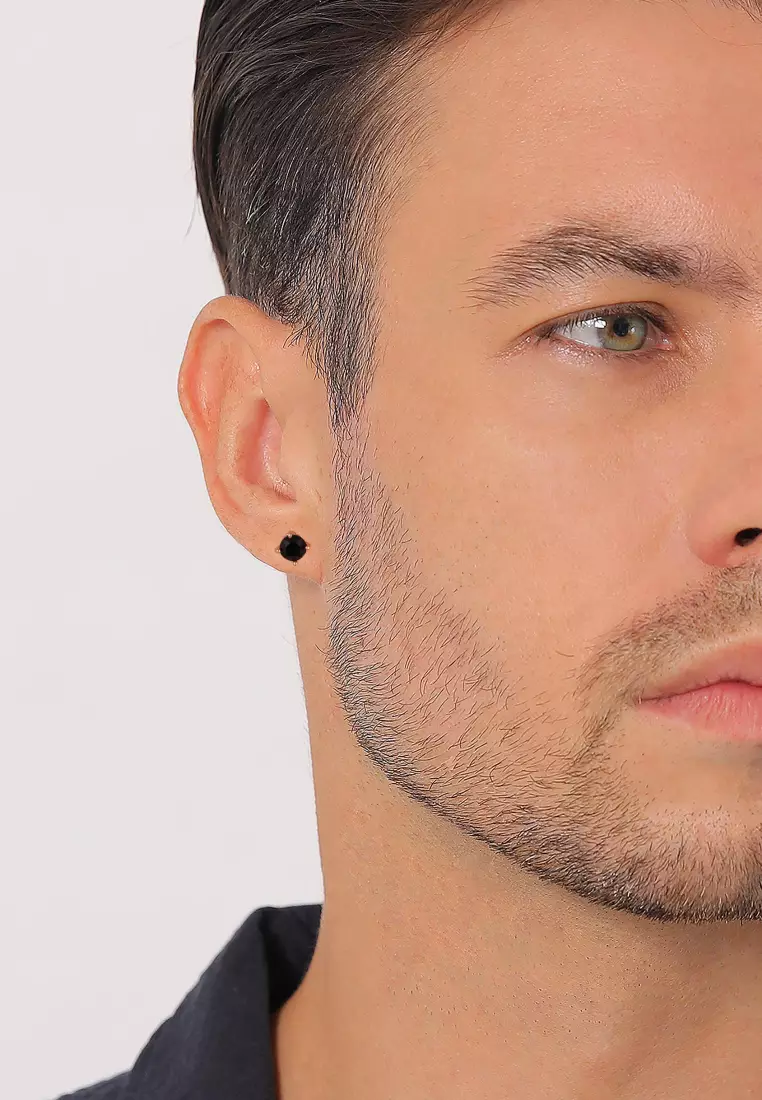 Earrings Men Stud Black Gold Plated Embellished with Crystals by Swarovski®