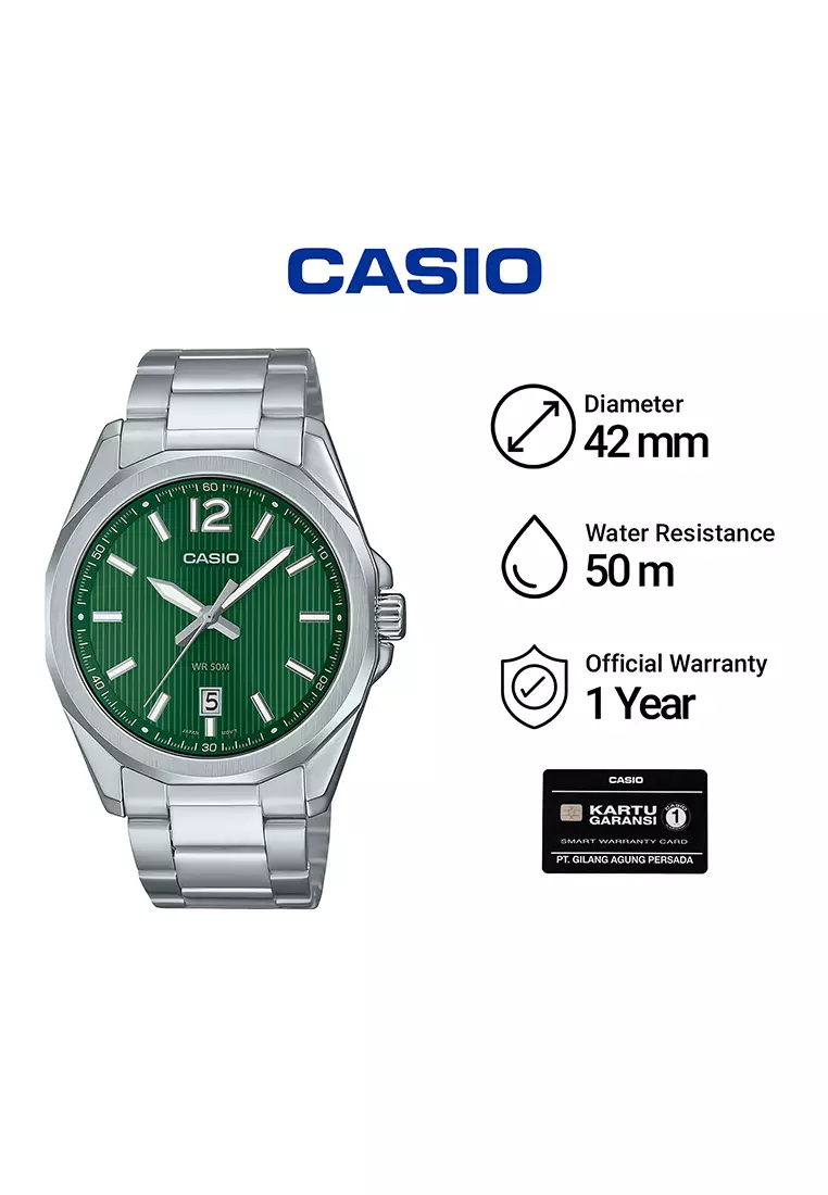 Casio - Jam Tangan Analog Pria - Silver Green - Stainless Steel - MTP-E725D-3AV