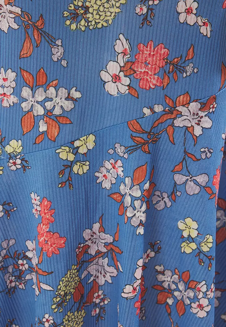 Indigo Strappy Fitted Elastic Ribbed Knitted Maxi Pencil Dress TWOSS24EL00682