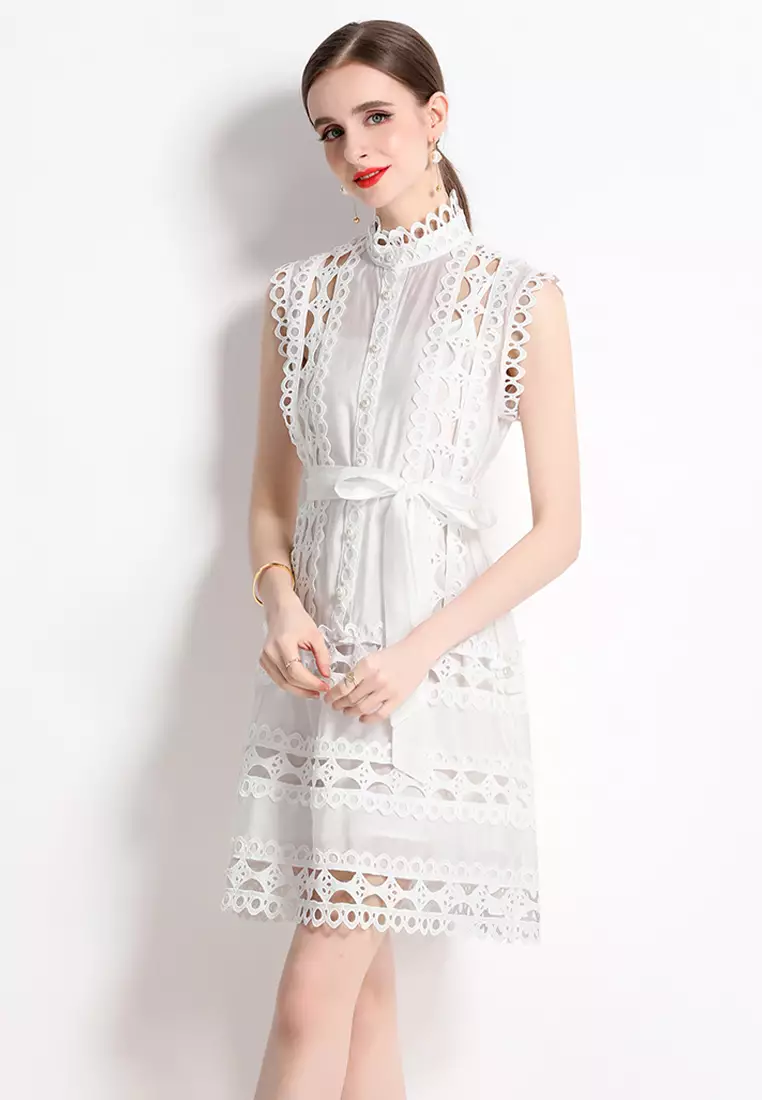 2024夏季圓領無袖蕾絲連衣裙CA24032624W