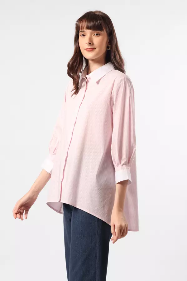MINIMAL - Shania - Kemeja A Line Motif Garis - Pink Warna Pink