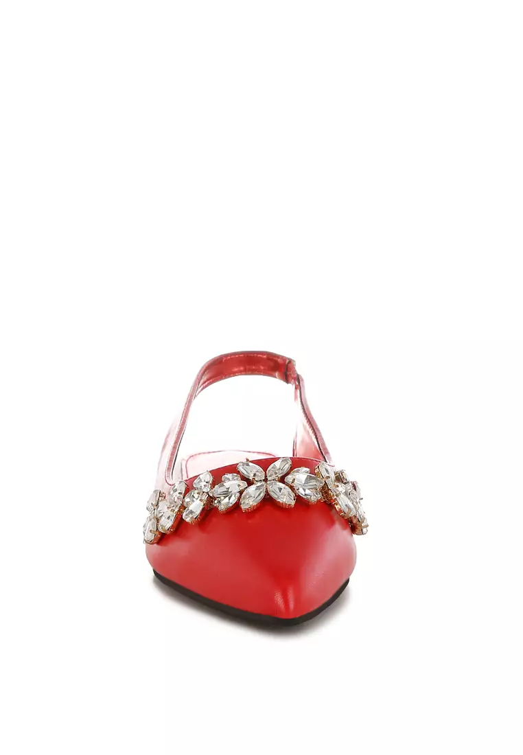 Diamante Embellished Flat Sandals in Red