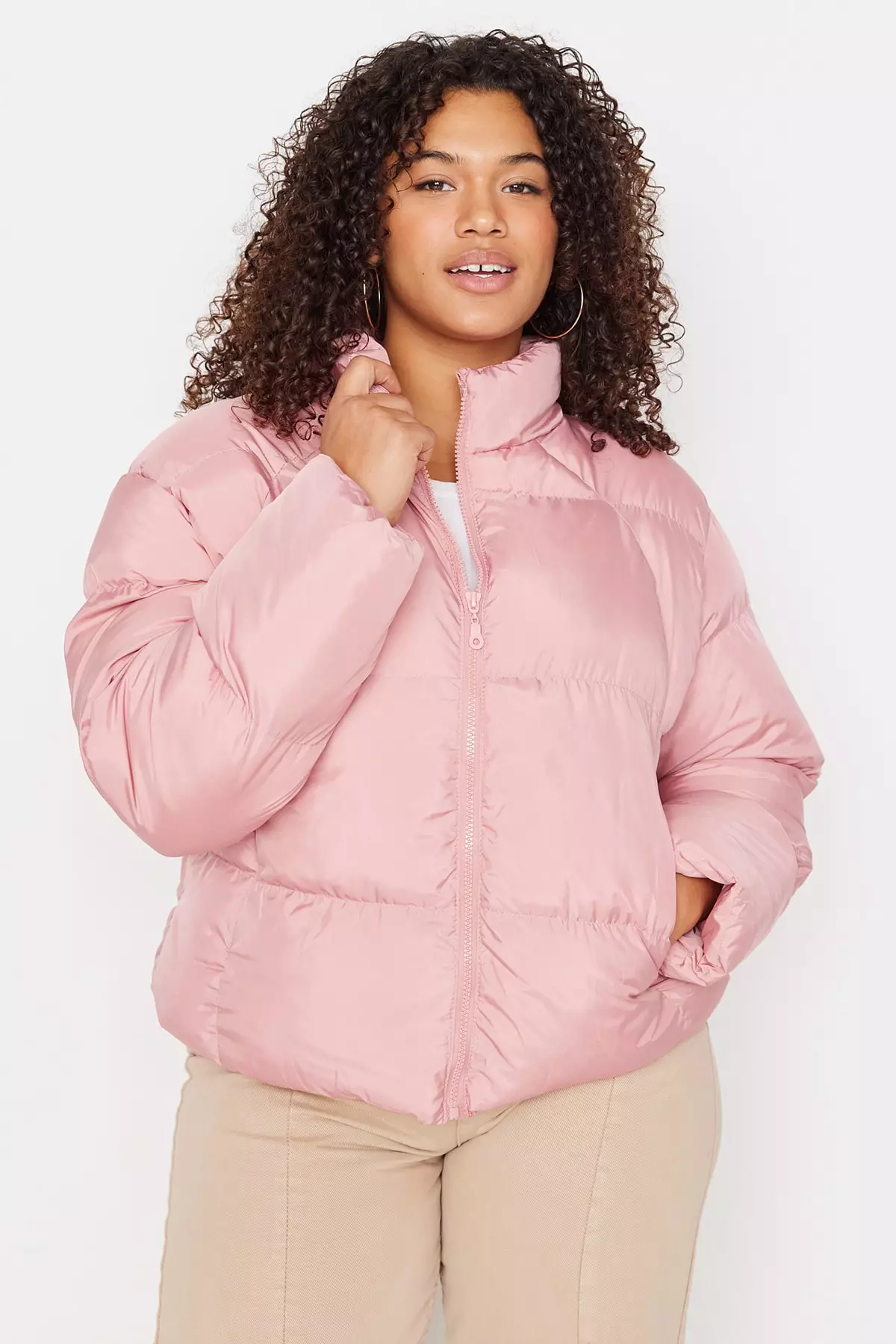 Plus size pink puffer jacket clearance