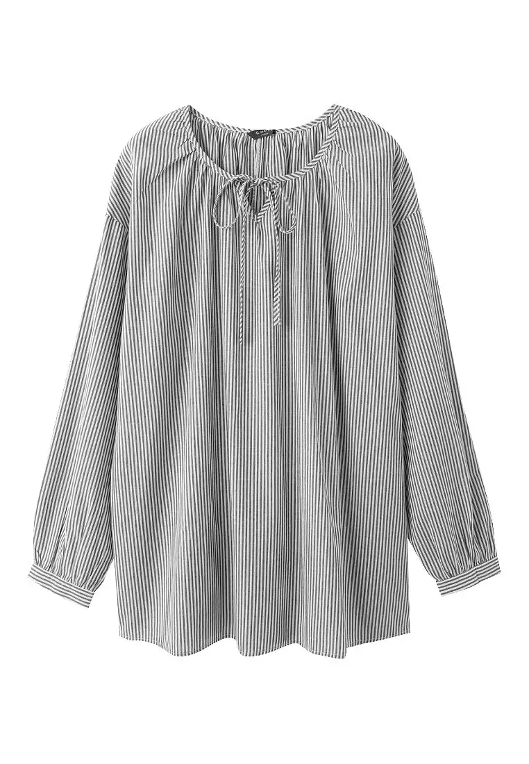 Loose Japanese-Style Tie-Neck Striped Long Sleeve To [AB19835]