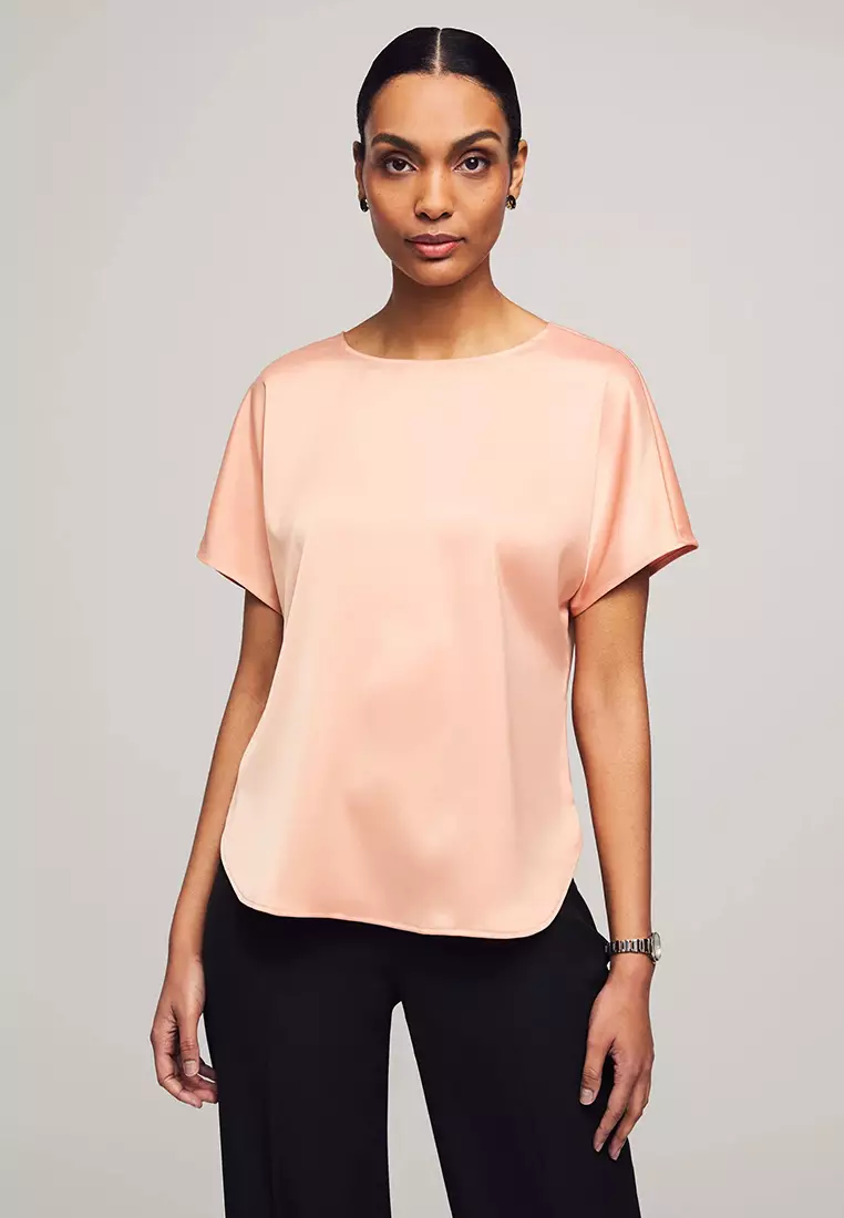 Anne Klein Short Sleeve Satin Blouse With Bateau Neckline
