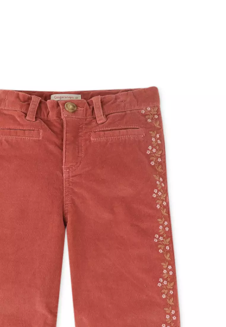 Girls Straight Fit Waleless Cord Pants With Side Embro