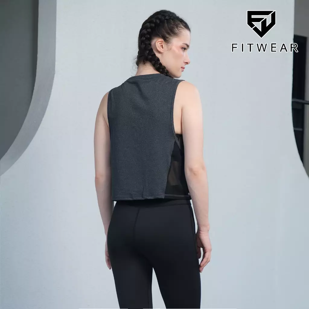 Fitwear Muscle Tee Olahraga Oversize Wanita ANGELINA MESH CROP - GRAY (SIDE)