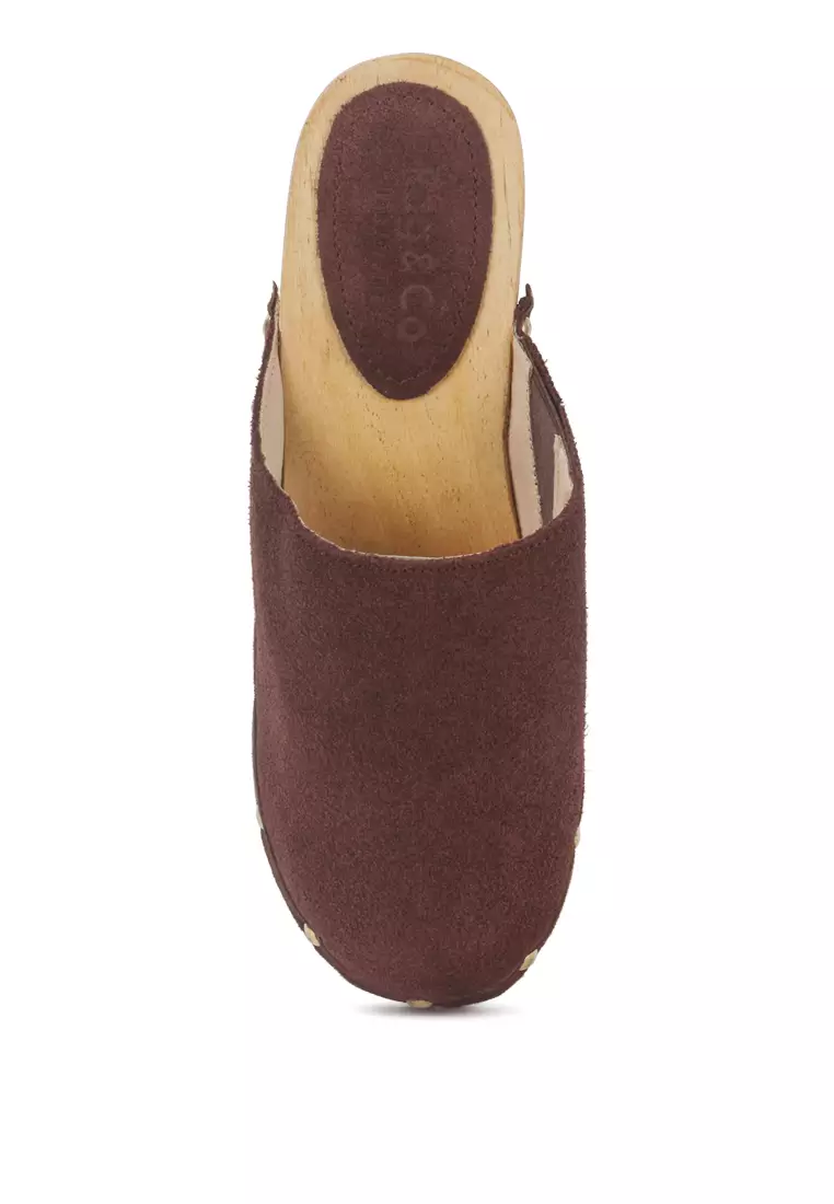 Fine Suede Studded Clog Mules in Brown