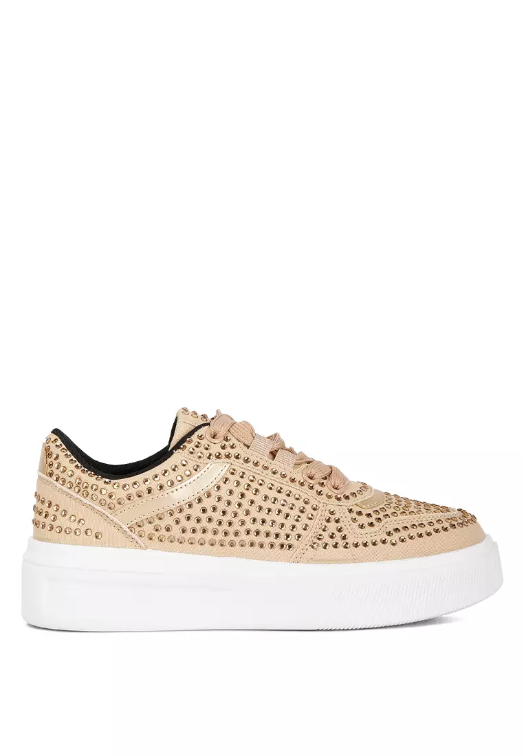 Discount on London Rag  shoes - SKU: Beige Rhinestones Embellished Chunky Sole Sneakers