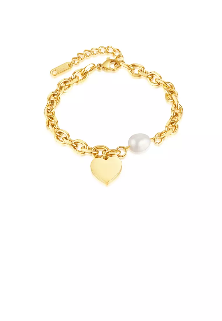 Simple and Fashion Plated Gold 316L Stainless Steel Heart-shaped Bracelet with Imitation Pearls