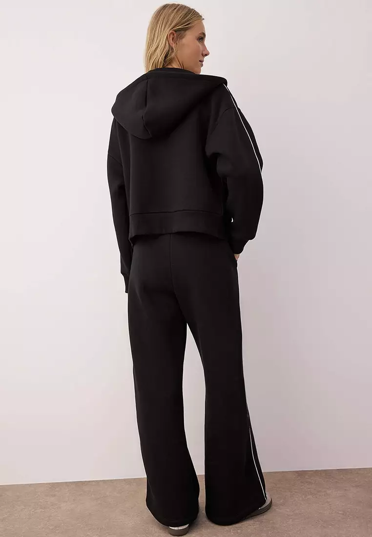 Black Thick Hooded Zipper Hooded Oversize/Wide Cut Knitted Tracksuit Set Twoaw26Em