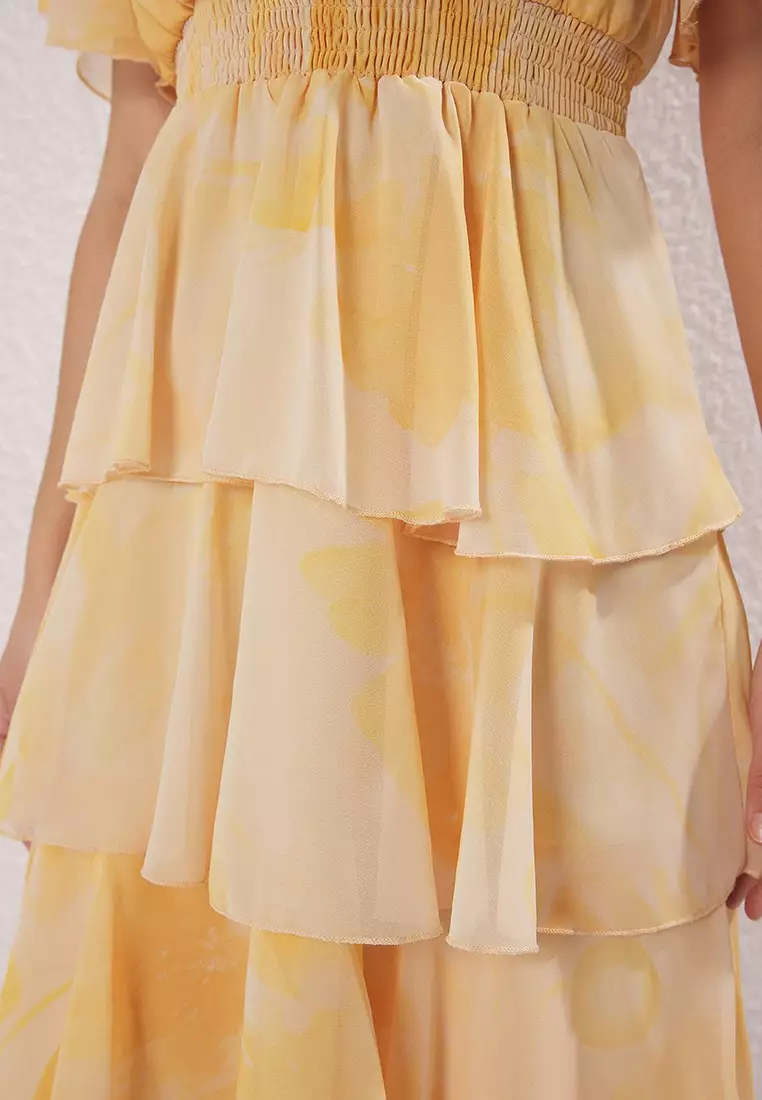 Yellow Floral Skirt Waist Opening Midi Woven Dress Twoss25El00451