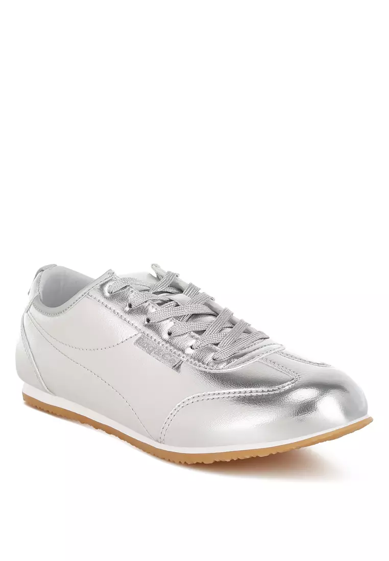 Metallic Faux Leather Sneakers in Silver
