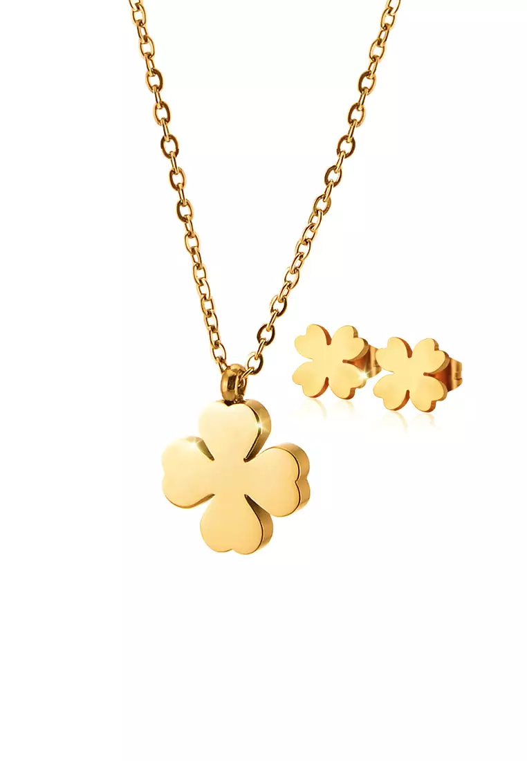 Destiny Four Leaf Clover Necklace + Earrings Jewellery Set in Gold