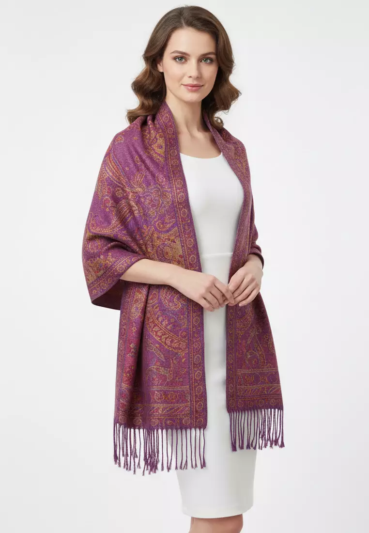 Aksesoris Wanita Reversible Viscose Full Paisley Pattern Pashmina Shawl Syal Wanita Lavender Gold