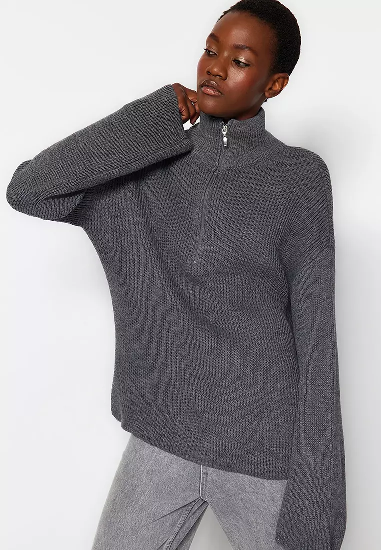 Zippered High Collar Knitwear Sweater