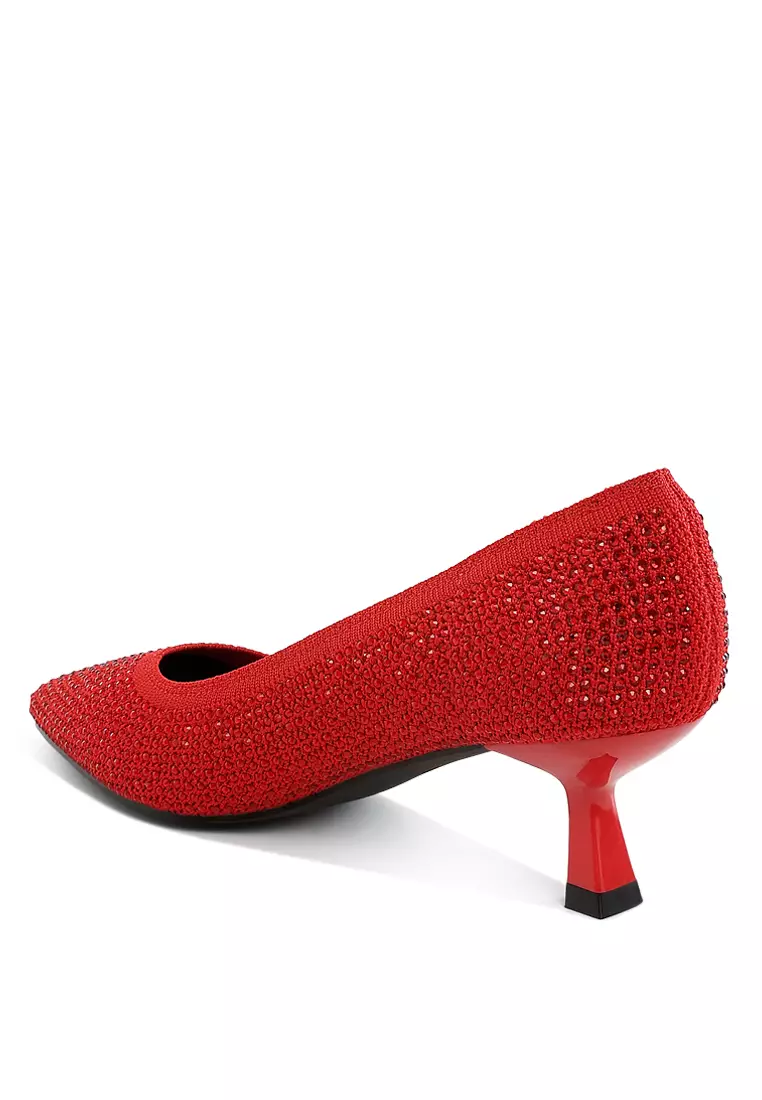 Sepatu Pumps Flyknit Rhinestone Bernapas dalam Warna Merah