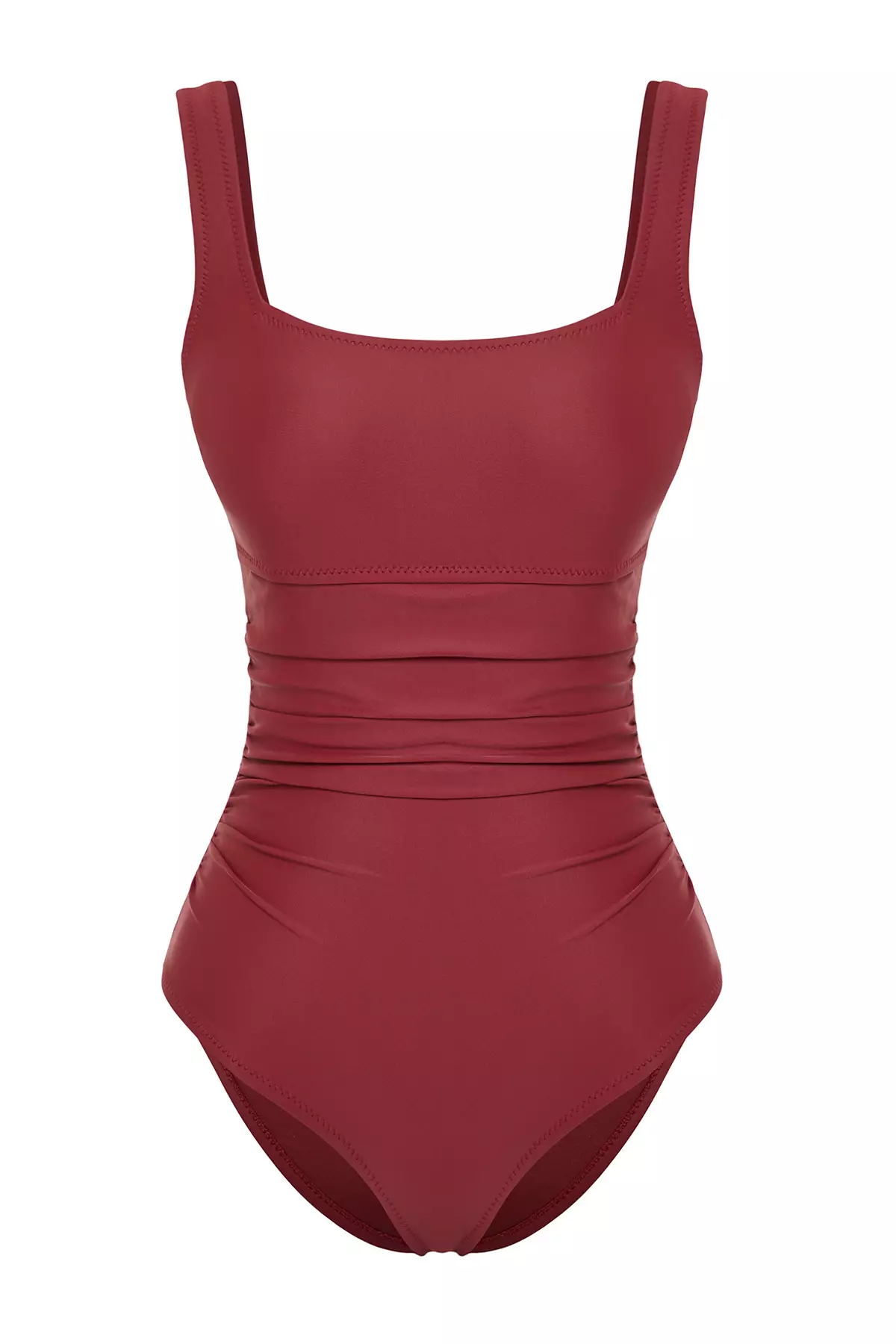 Burgundy Shaping / Sculpting Square Collar Covered Hipster Swimsuit Tbess24Ma12