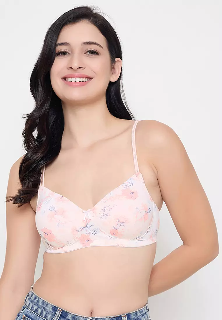 Clovia Padded Non-wired Full Cup Floral Print T-shirt Bra in Light Pink